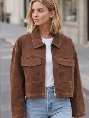 72. Brown Suede Cropped Jacket - Women's Lightweight Coat